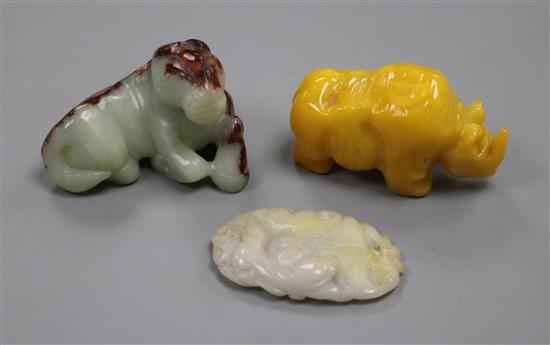 A Chinese jade horse, an inside painted snuff bottle and a jadeite plaque